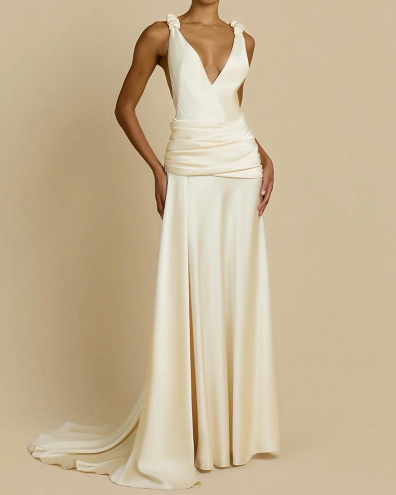 Aniya White Knot-Shoulder Ruched Satin Maxi Dress