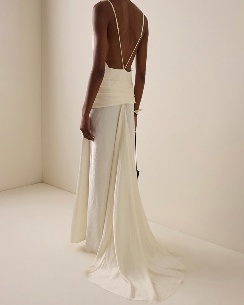 Aniya White Knot-Shoulder Ruched Satin Maxi Dress