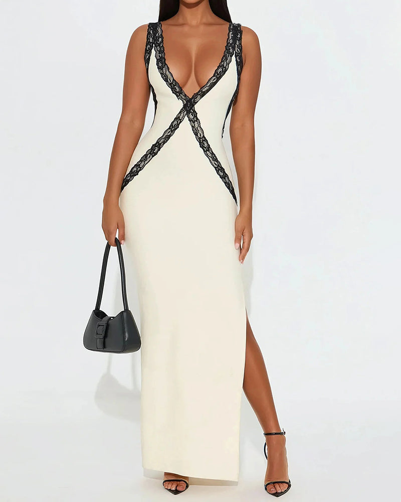 Elina White Cross Lace-Trimmed Slit Maxi Dress