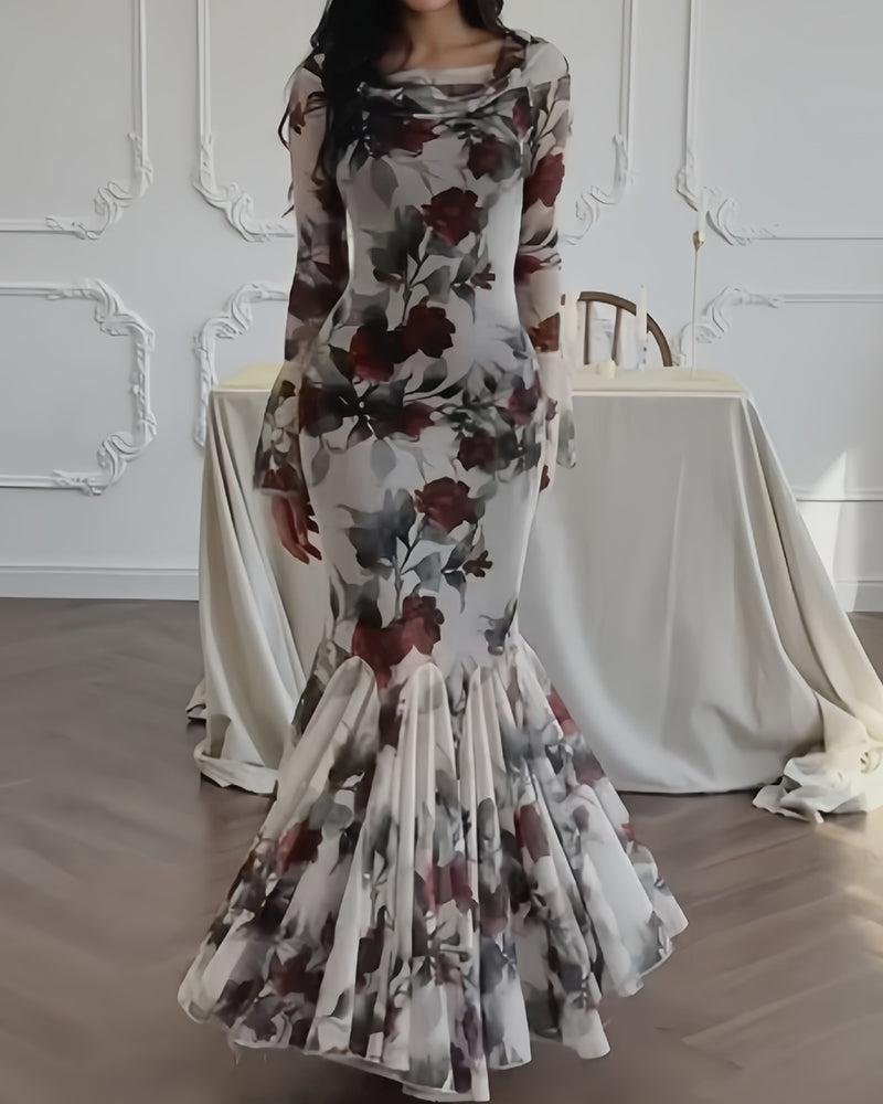 Victoria White Floral Print Mesh Mermaid Maxi Dress