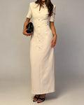 Helena White Stand Collar Button Front Short Sleeve Maxi Dress
