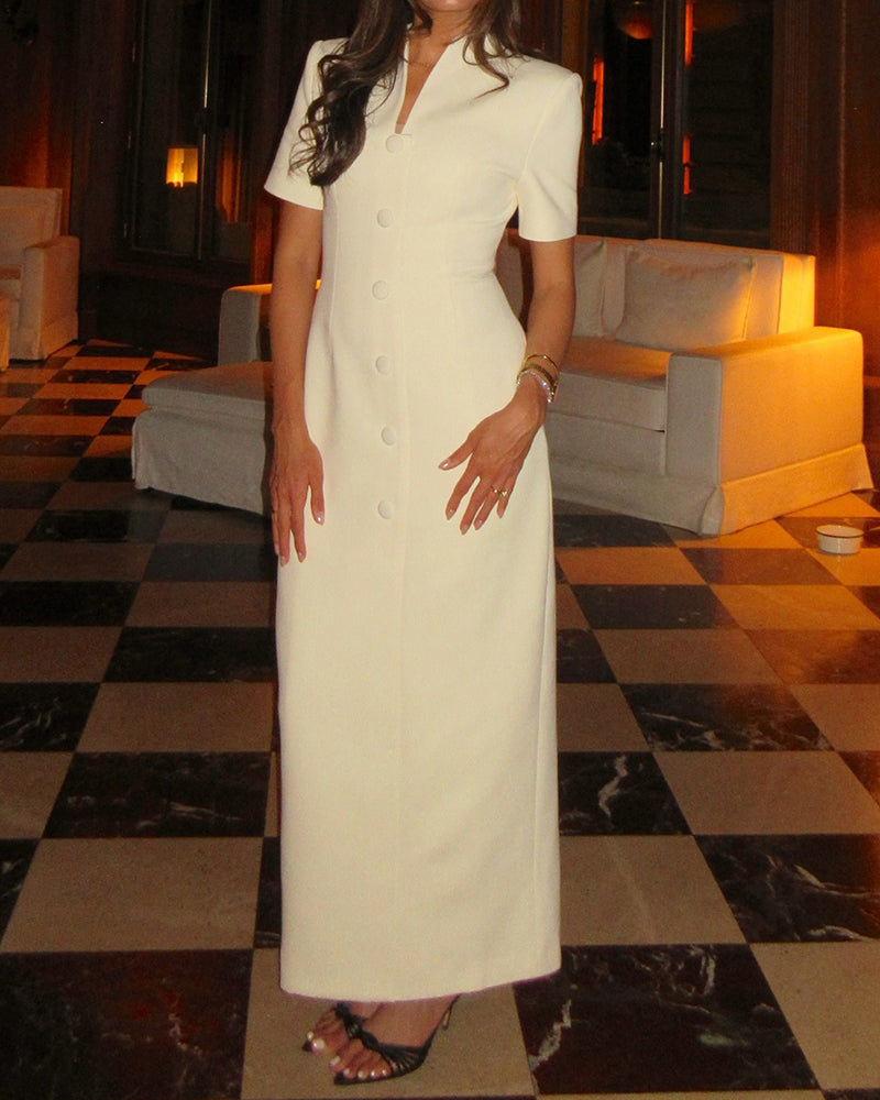 Helena White Stand Collar Button Front Short Sleeve Maxi Dress