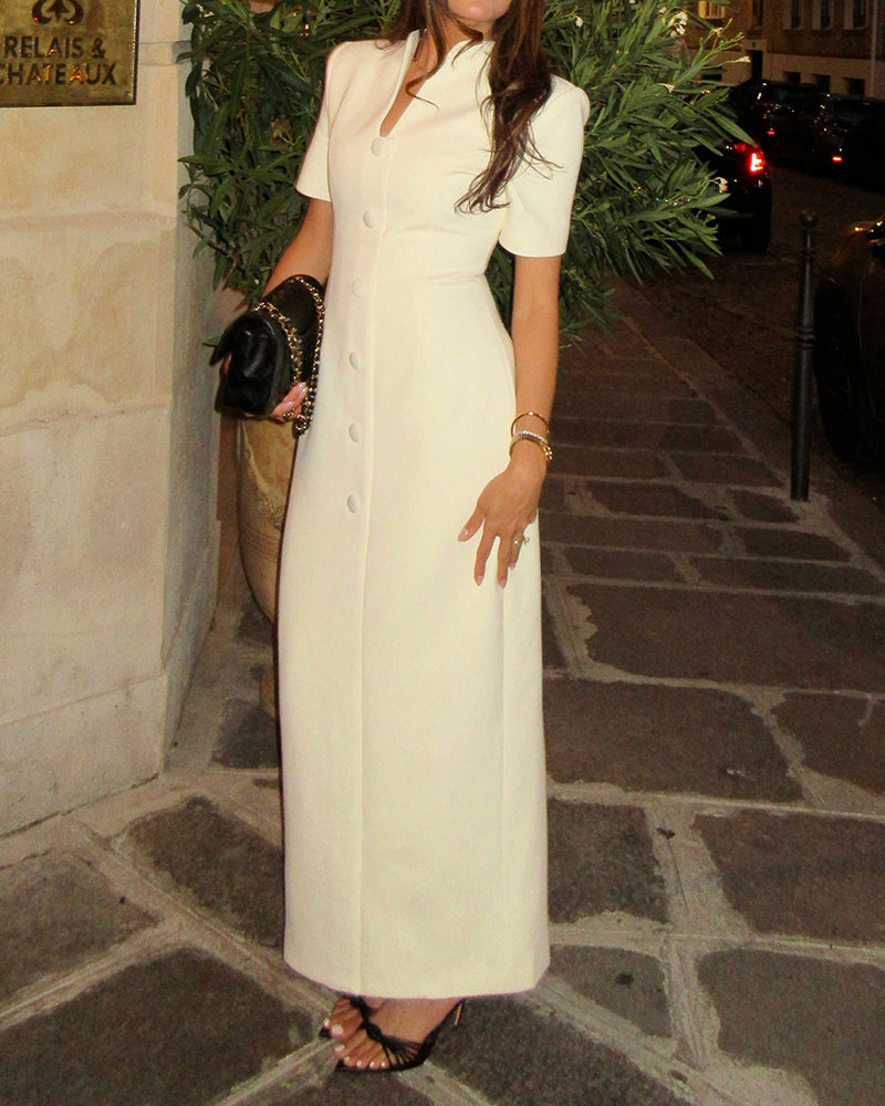 Helena White Stand Collar Button Front Short Sleeve Maxi Dress