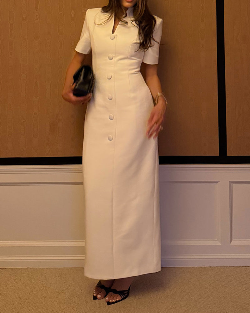Helena White Stand Collar Button Front Short Sleeve Maxi Dress