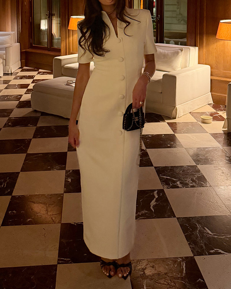 Helena White Stand Collar Button Front Short Sleeve Maxi Dress