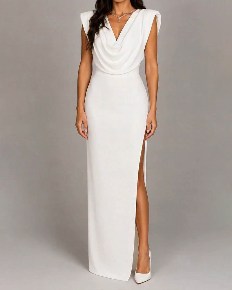 Persephone White Cowl Neck Cap Shoulder Slit Maxi Gown