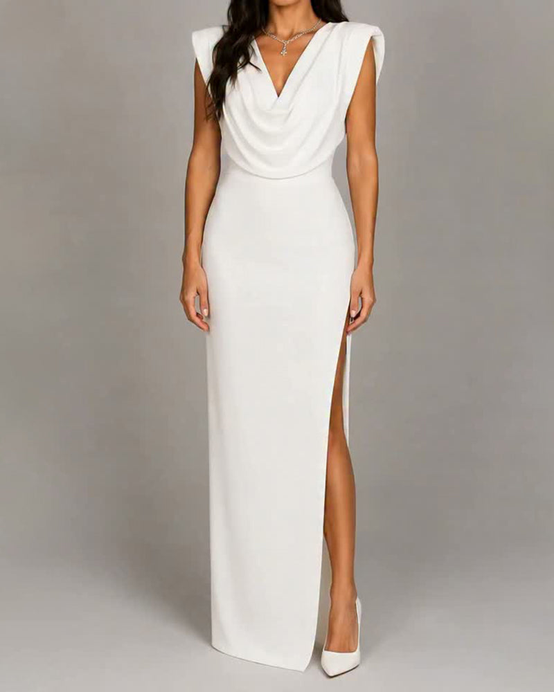 Persephone White Cowl Neck Cap Shoulder Slit Maxi Gown