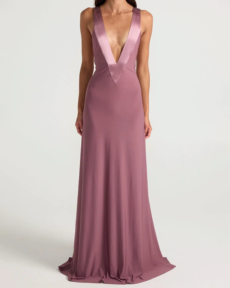 Zuri Yellow Deep V-Neck Contrast Trim Maxi Dress