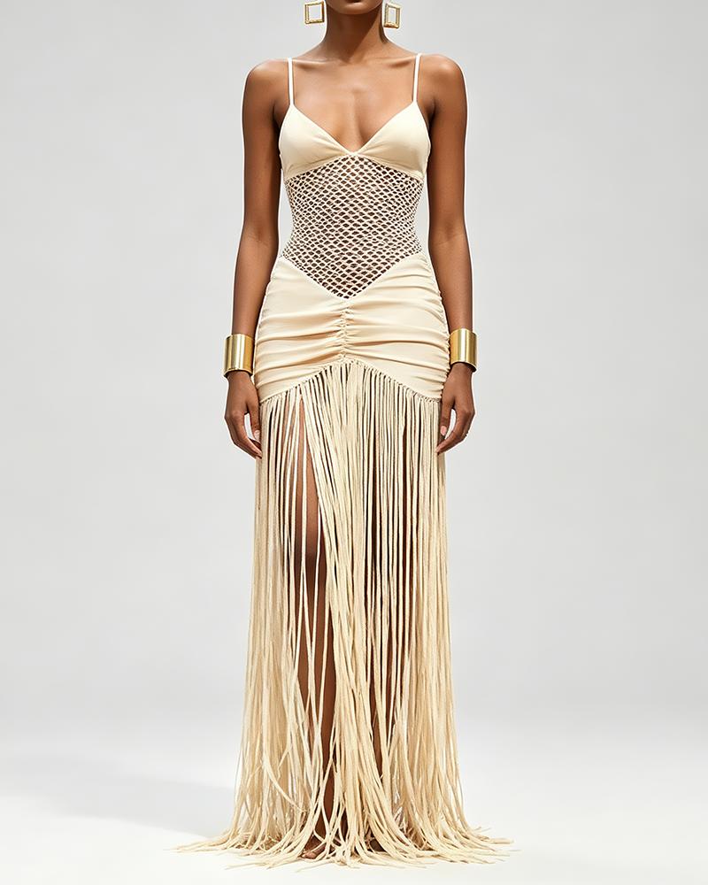 Zara Yellow Mesh Net Cutout Fringe Maxi Dress