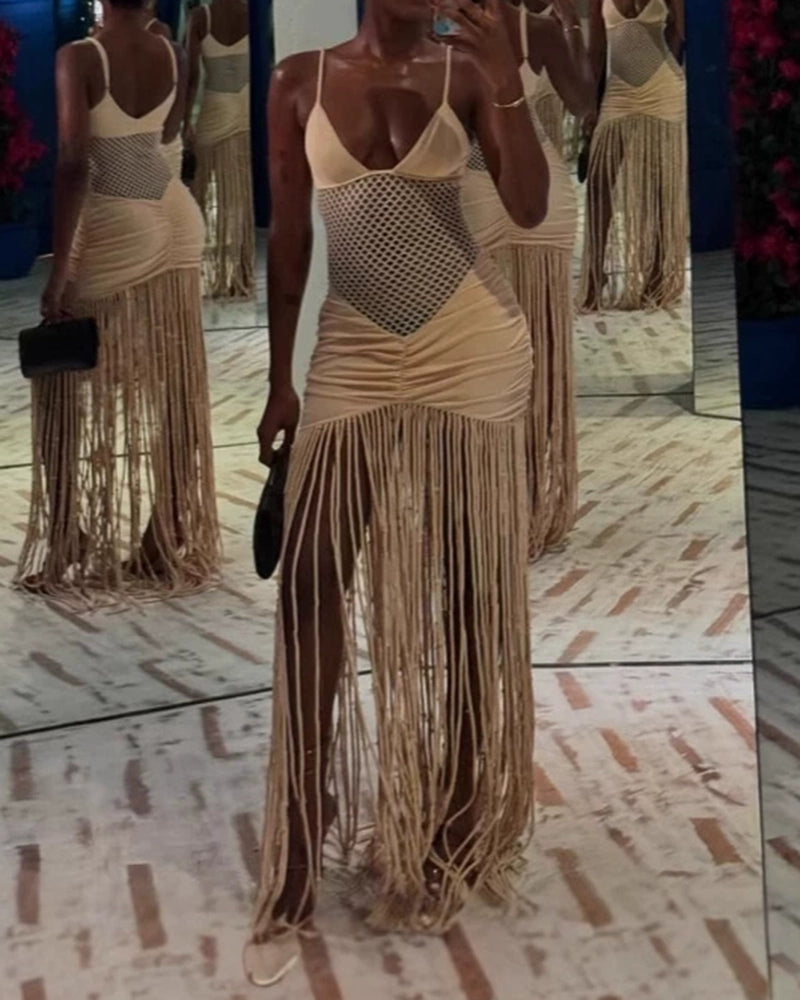 Zara Yellow Mesh Net Cutout Fringe Maxi Dress