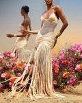 Zara Yellow Mesh Net Cutout Fringe Maxi Dress