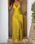 Leona Yellow Halter Neck Fringe Slit Maxi Dress