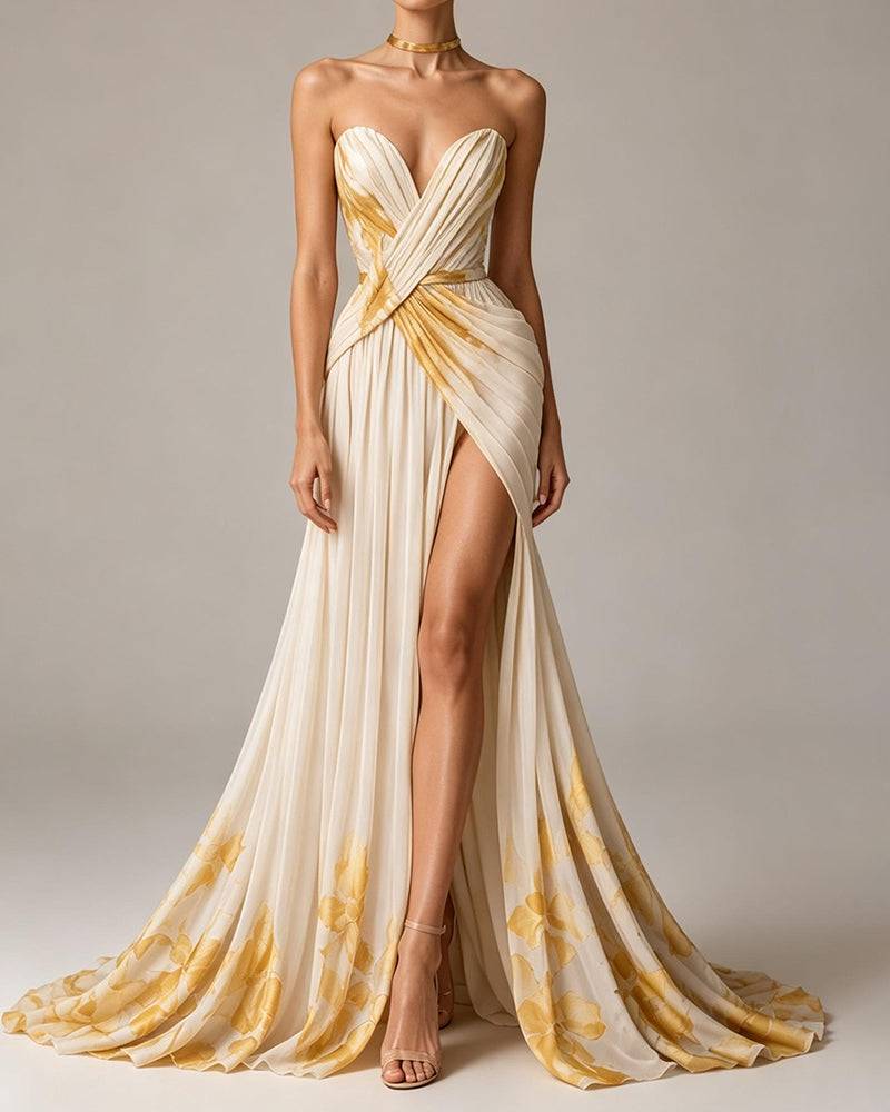 Rylee Yellow Strapless Sweetheart Floral Chiffon Slit Maxi Gown
