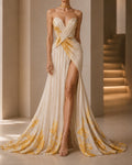 Rylee Yellow Strapless Sweetheart Floral Chiffon Slit Maxi Gown