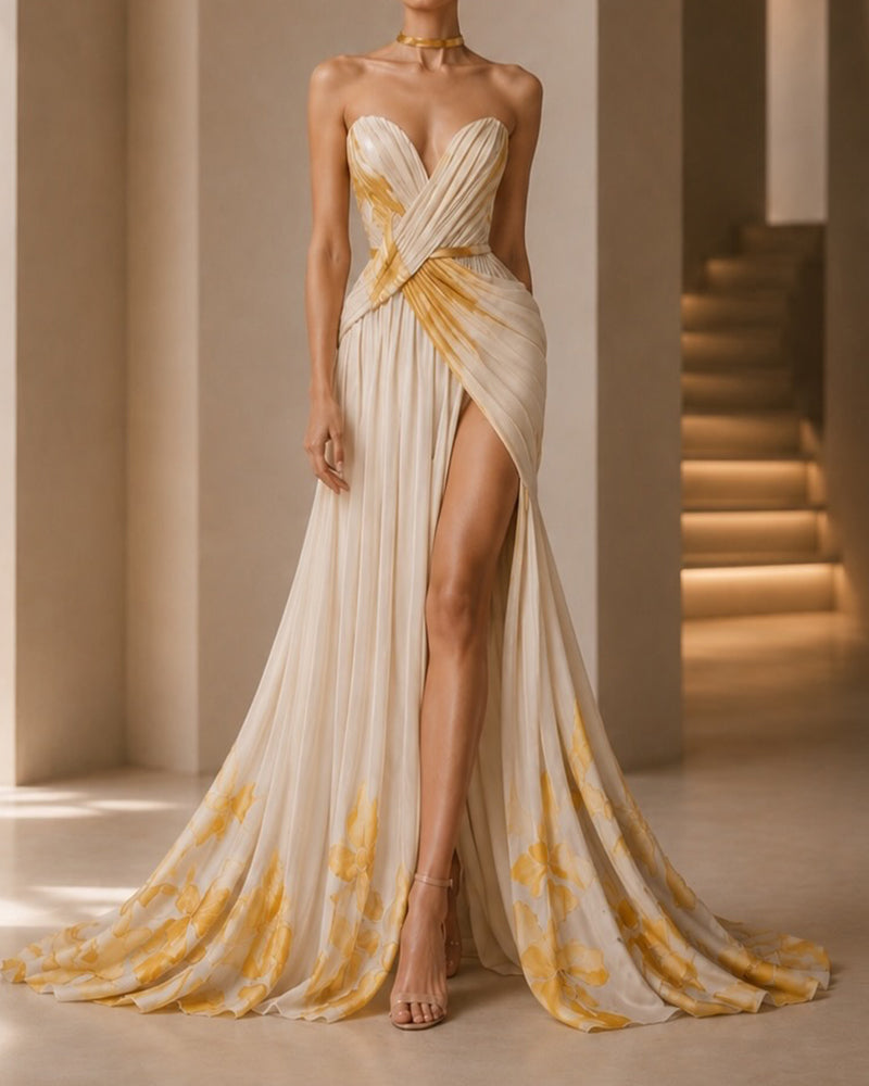 Rylee Yellow Strapless Sweetheart Floral Chiffon Slit Maxi Gown