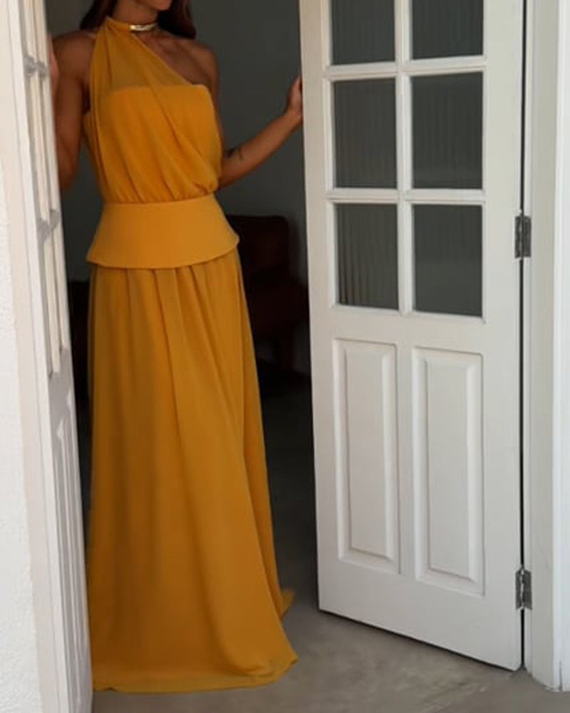 Tatiana Yellow Elegant One-Shoulder Chiffon Maxi Evening Dress