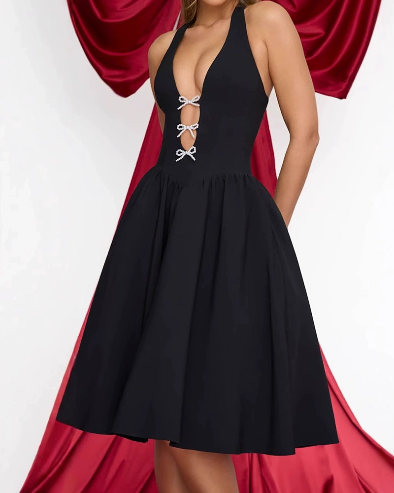 Octavia Black Rhinestone Bow Cutout Halter Mini Dress