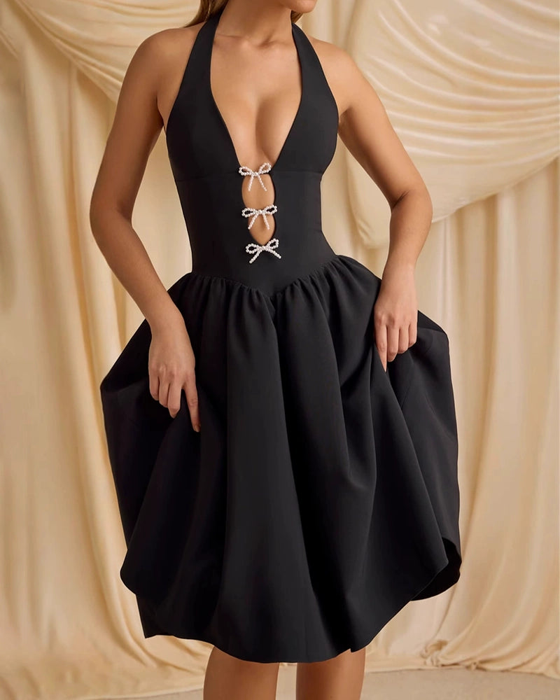 Octavia Black Rhinestone Bow Cutout Halter Mini Dress