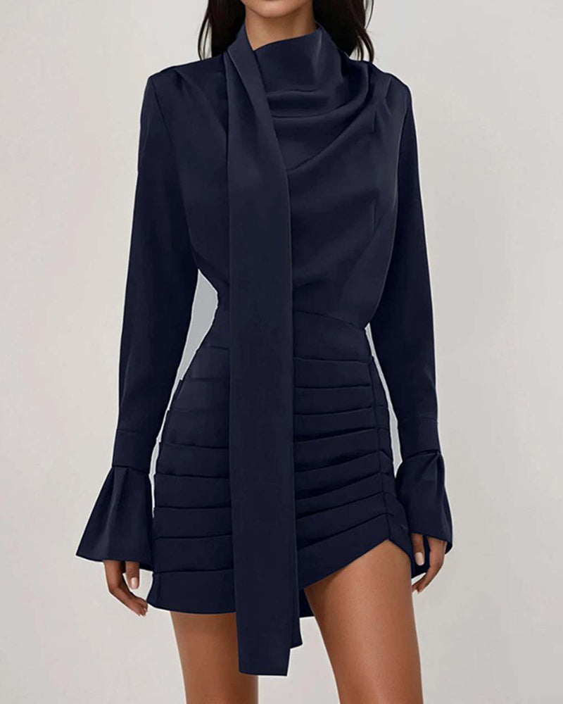 Ingrid Navy Blue High Neck Scarf Detail Ruched Satin Mini Dress