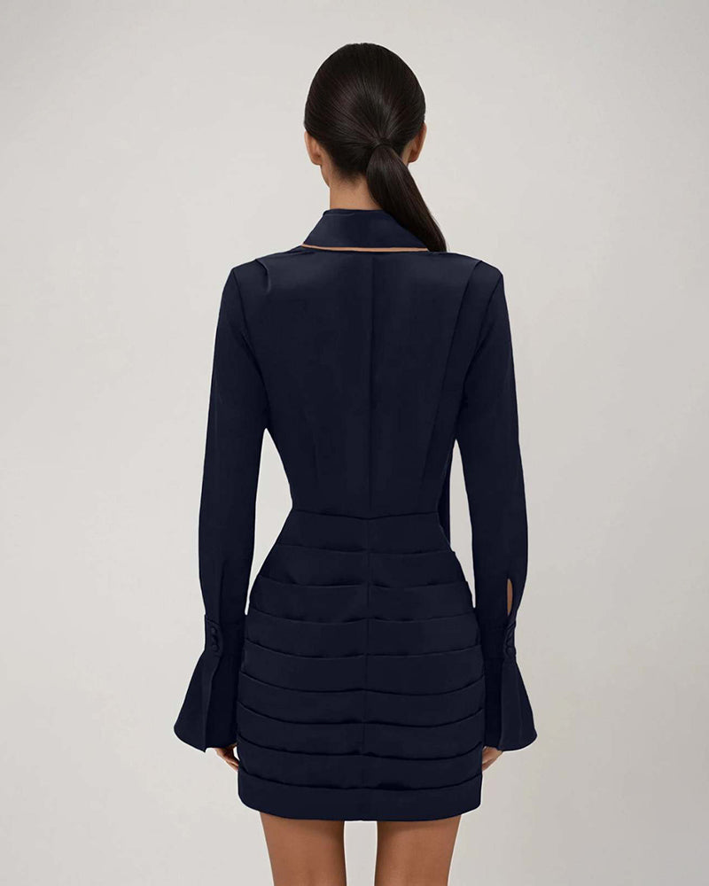 Ingrid Navy Blue High Neck Scarf Detail Ruched Satin Mini Dress