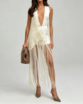 Paloma White Plunging Halter Fringe Mini Dress