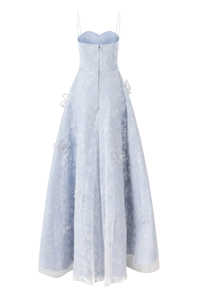 A-LINE SPAGHETTI STRAPS GLITTER LACE MAXI DRESS IN BLUE
