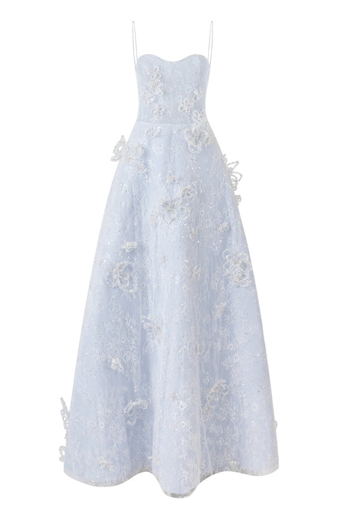A-LINE SPAGHETTI STRAPS GLITTER LACE MAXI DRESS IN BLUE