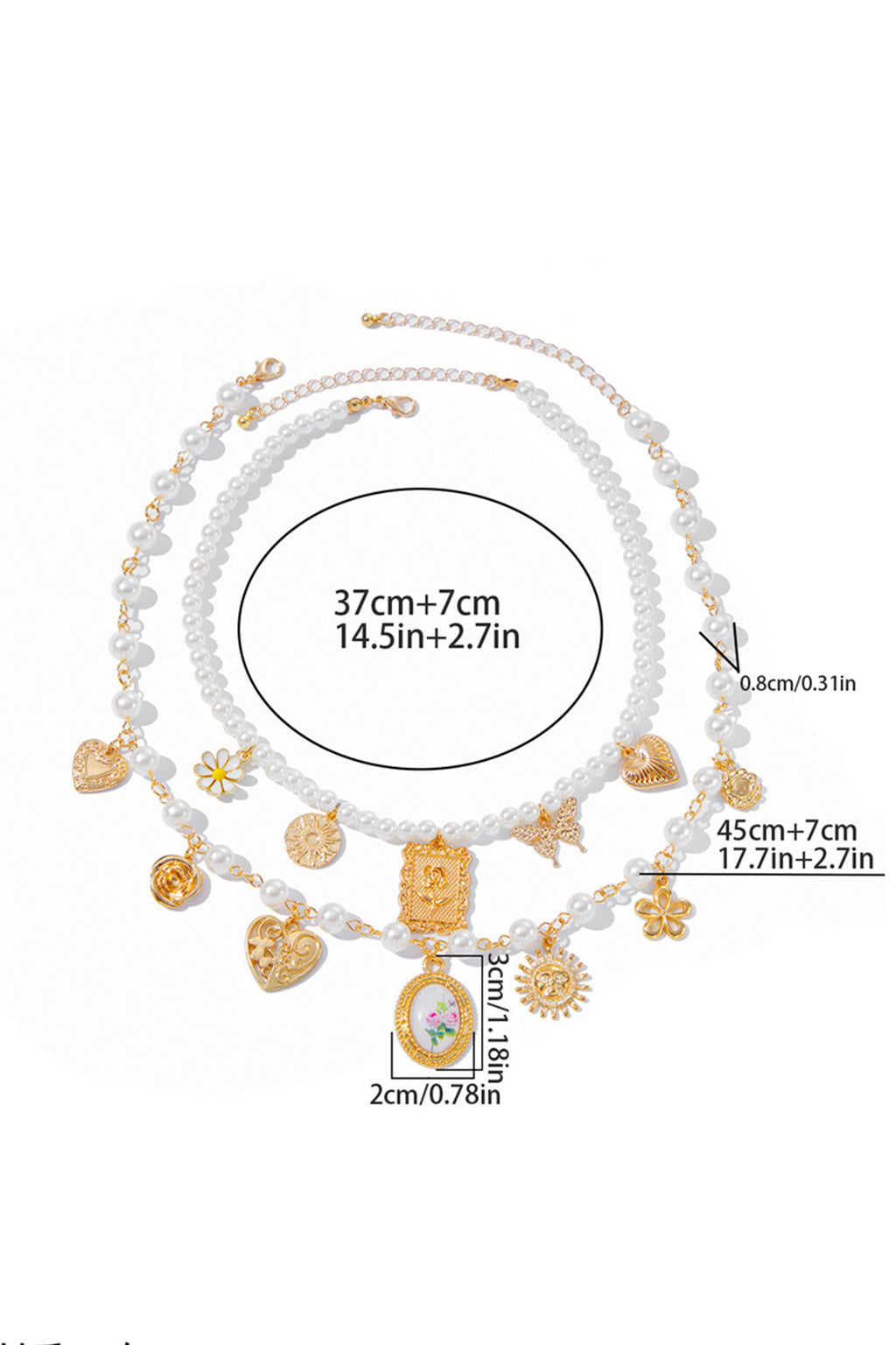 Heart Pendants Layered Pearl Necklace Set
