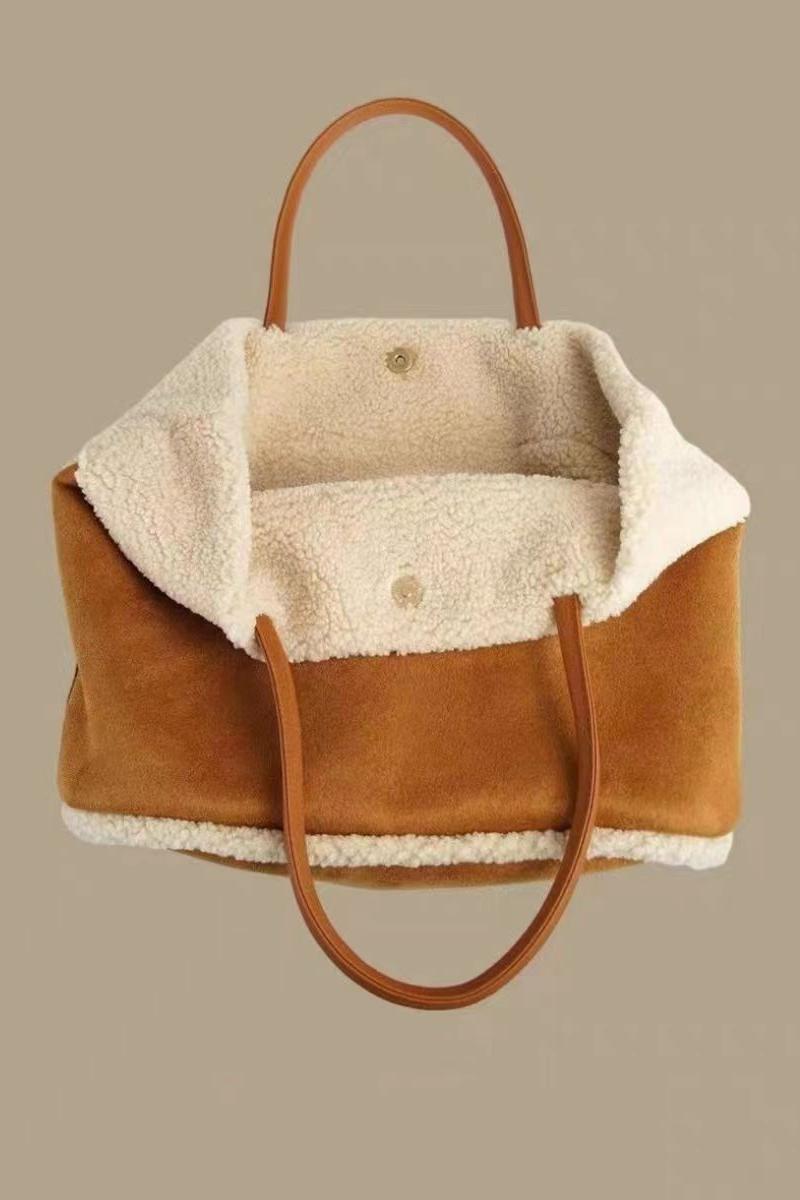 Faux Lamb Wool Suede Fabric Tote Bag