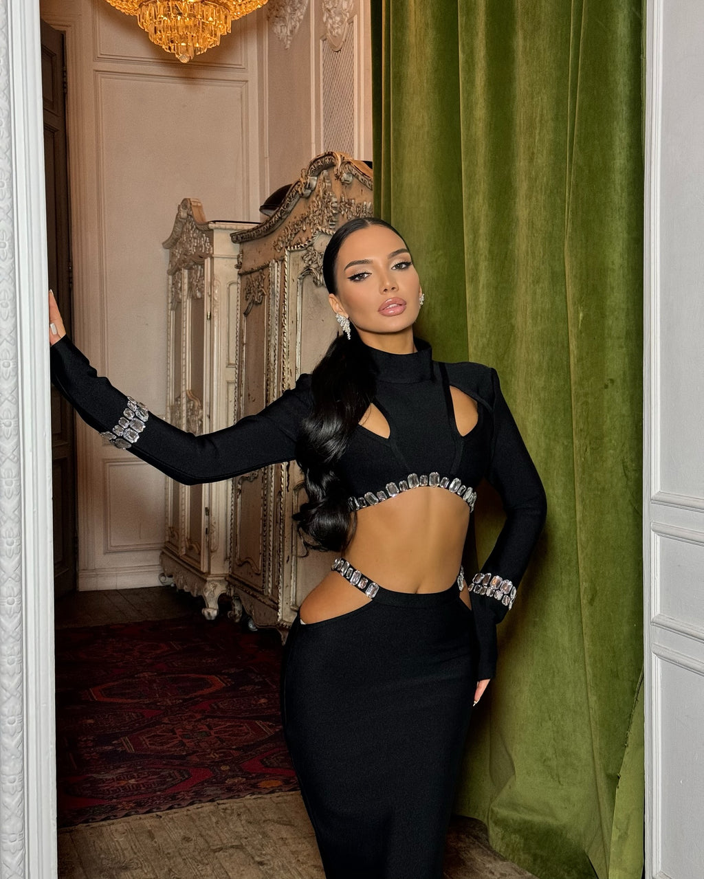 Annabel Black Rhinestone Maxi Dress