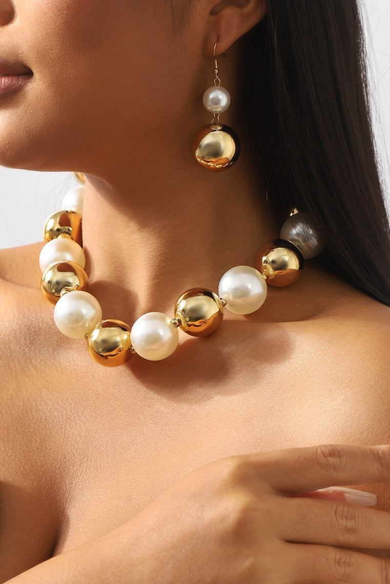 Faux Pearl Metal Ball Necklace & Earrings Set